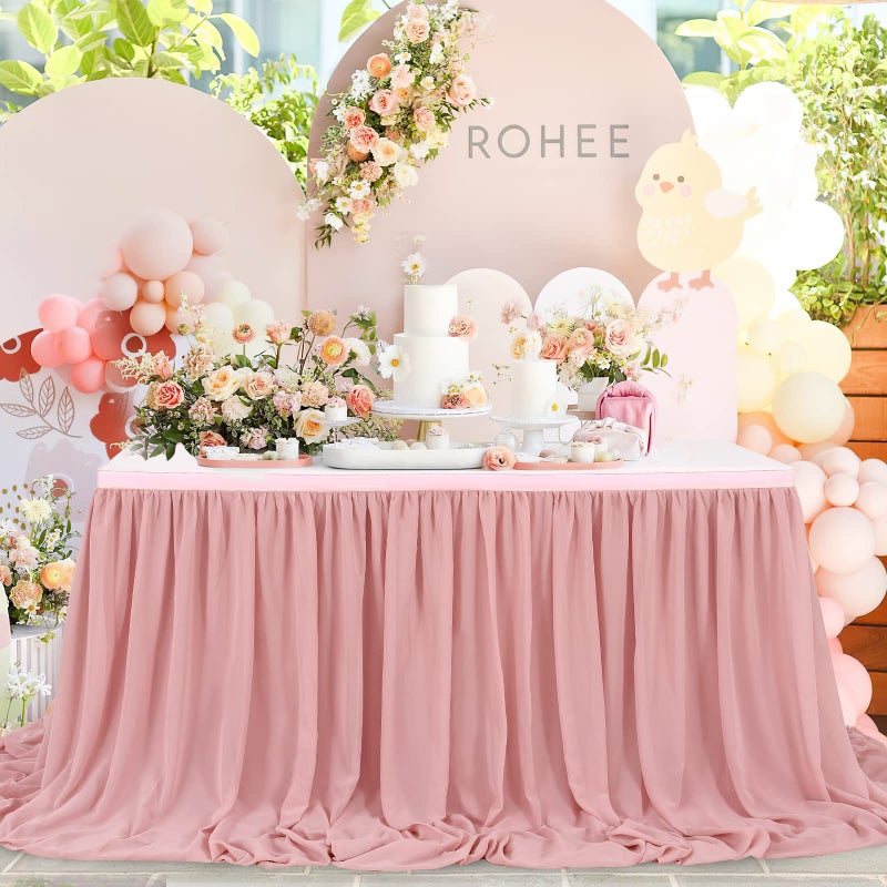 QueenDream 14FT Dusty Rose Chiffon Table Skirt Sheer Rectangle Tablecloth for Wedding 1st Baby Girl Birthday Party Bridal Shower Decoration - Image 1